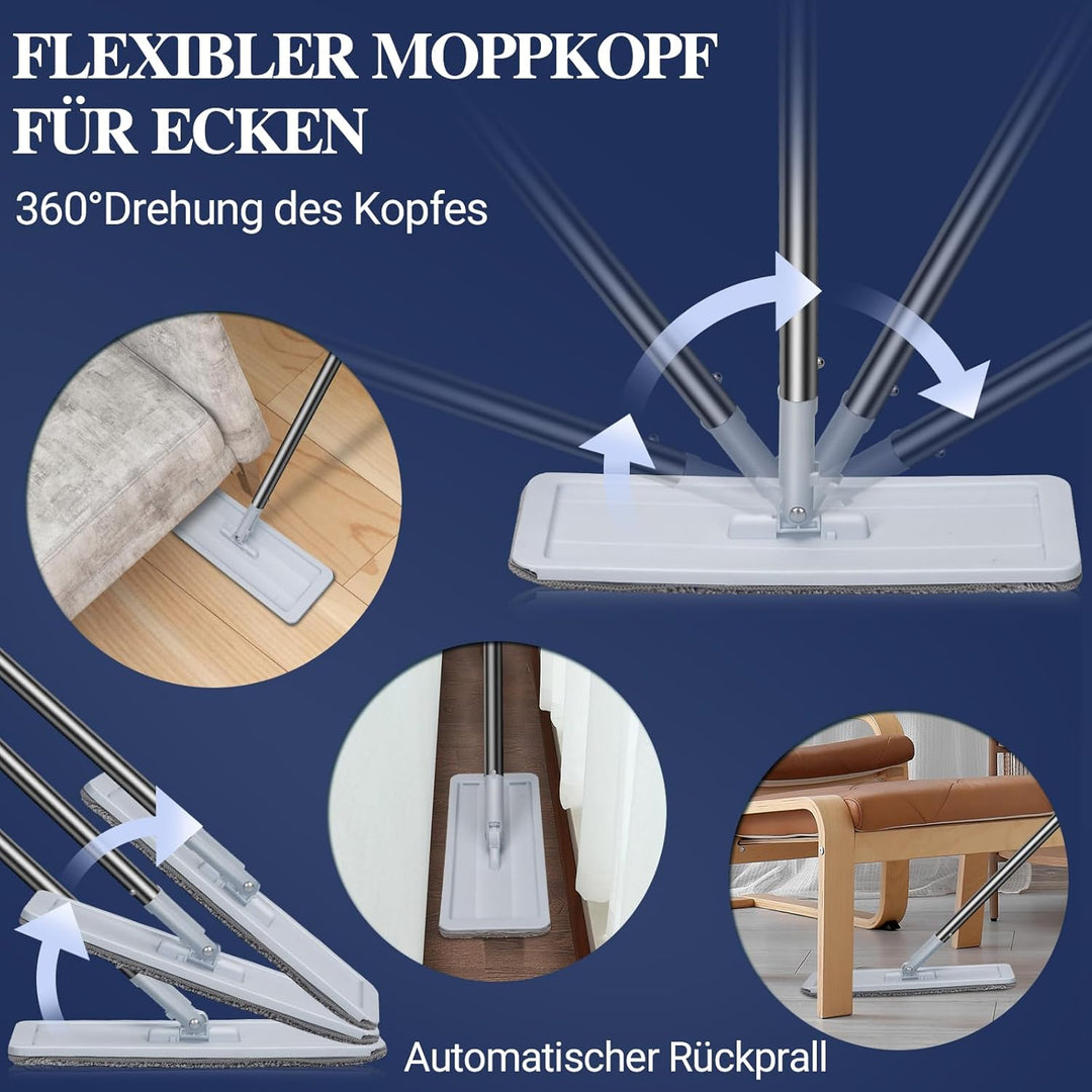 MASTERTOP Wischmopp Set mit Eimer, Bodenwischer Flachmopp mit Edelstahlgriff und 3 Mikrofaser Moppko