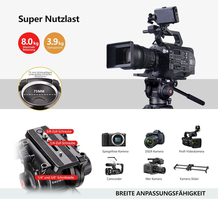 【Neigungsspannung-Design】 RAUBAY 179,8 cm Professionelle robuste Videokamera-Stativ mit Flüssigkeits