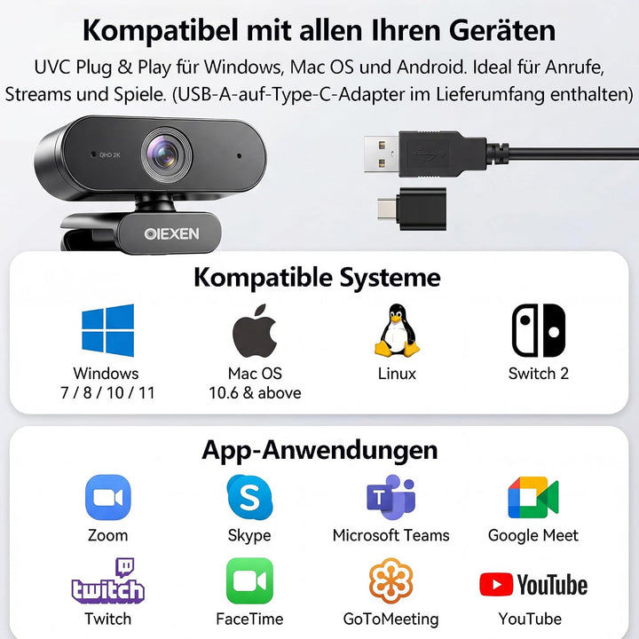 2K Webcam mit Autofokus, 1080p@60fps Streaming Kamera für PC Laptop | Dual Mikrofon &amp; Rauschunterdrü