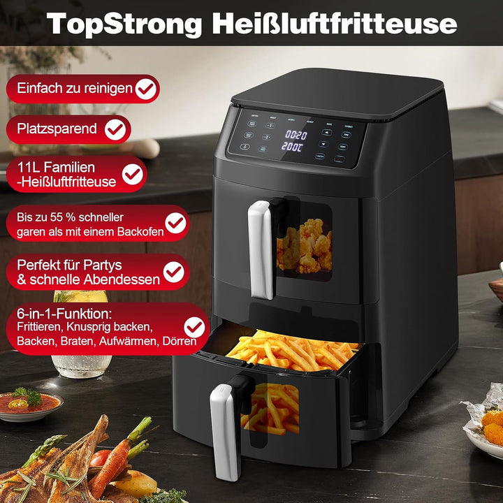 TopStrong Doppelkammer Heissluftfritteuse, 2500W Vertikale Double Stack Airfryer 2 Kammern mit Sicht