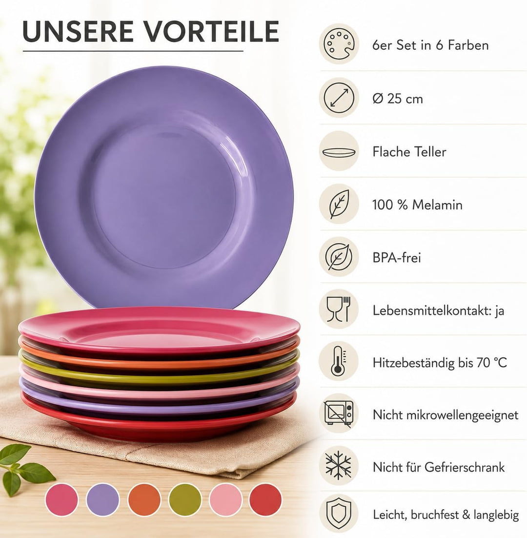 ReWu Melamin Teller 6er Set bunt, Essteller 25 cm | Essteller, BPA-frei, Essteller