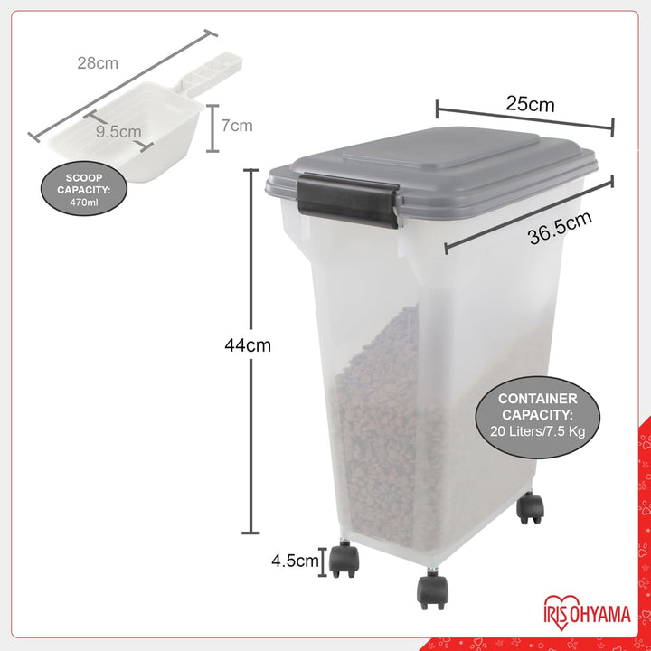 Iris Ohyama Hundefutter Aufbewahrung mit Rollen, 20L/7.5kg, Grau, Luftdichte Futterbox, Trockenfutte