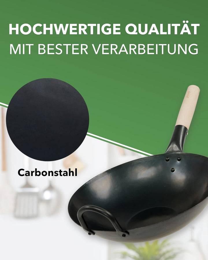 pasoli handgehämmerter Wok + gratis Rezepte eBook - voreingebrannt - traditionelle Asiapfanne - Brat