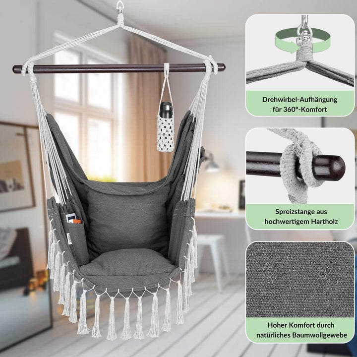 DETEX® Hängesessel bis 150kg Belastbar mit Flaschenhalter Boho Stil Wetterfest Garten 360° Drehbar A
