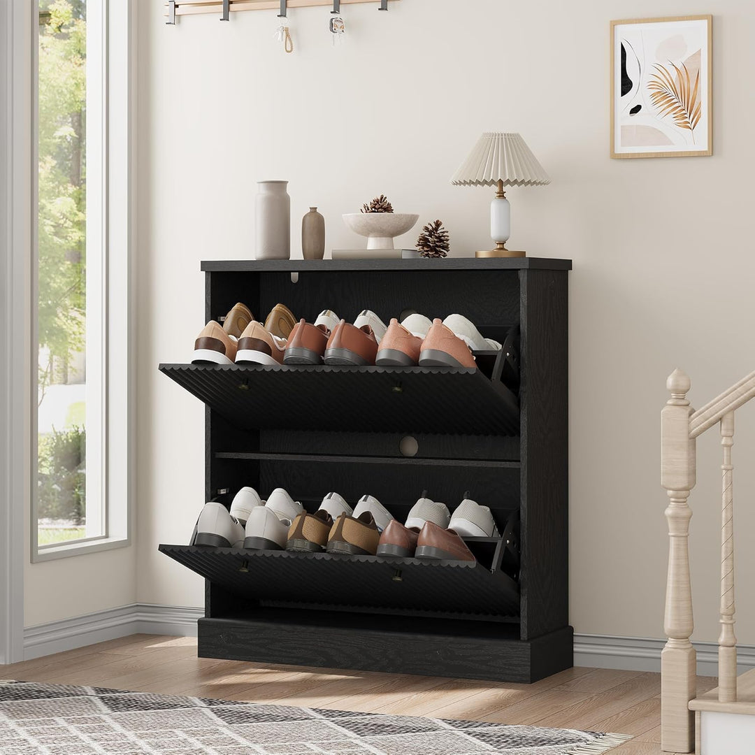 Wellen-Design 80×25×H90 cm Schuhschrank, Shoe Cabinet Mit 2 Klappen, Verstellbares Regal & Versteckt