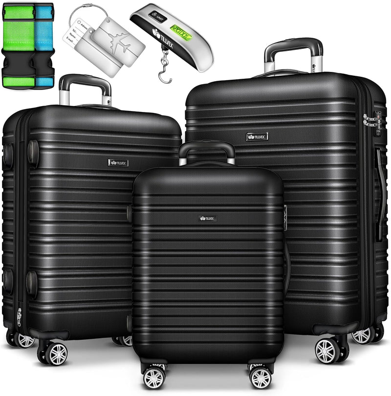 tillvex® Reisekoffer Set 3 teilig mit Gepäckwaage, Koffergurte & Kofferanhänger | Hartschale Koffers
