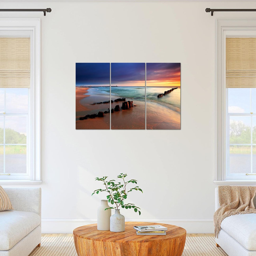 Runa Art Wandbilder Strand Meer Bild XXL Schlafzimmer Wohnzimmer Blau Rosa Welle 120 x 80 cm 3 Teili