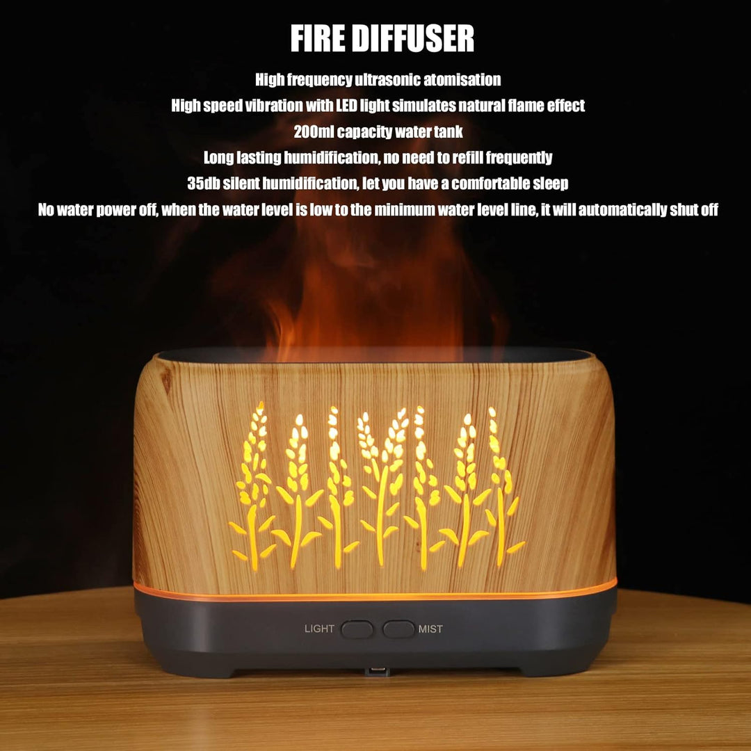 Flammen-Luftbefeuchter, Aromatherapie-Luftbefeuchter mit heller Holzmaserung, tragbar, automatische