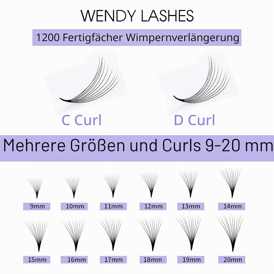 10D Gefächerte Volumen Wimpern 1200 Pcs Fertig Fächer Wimpernverlängerung C Curl 0.07mm 9-20mm Mixed