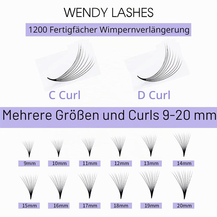 10D Gefächerte Volumen Wimpern 1200 Pcs Fertig Fächer Wimpernverlängerung C Curl 0.07mm 9-20mm Mixed