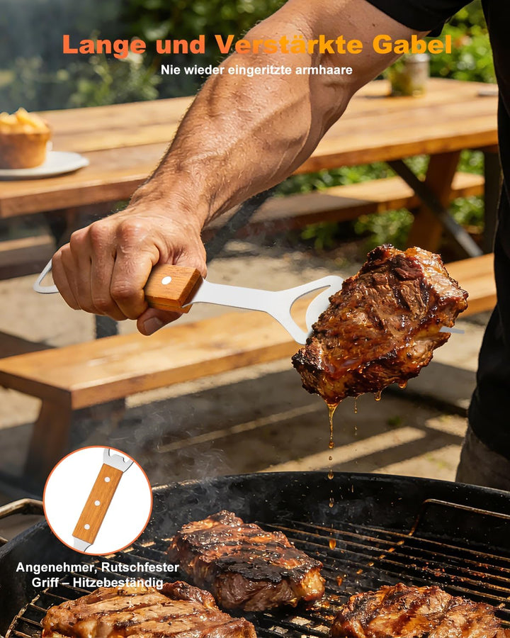 BBQ Grillbesteck Set 3-TLG, Extra Langes Grillwerkzeug, Edelstahl Holzgriff, Grill Zubehör mit Grill