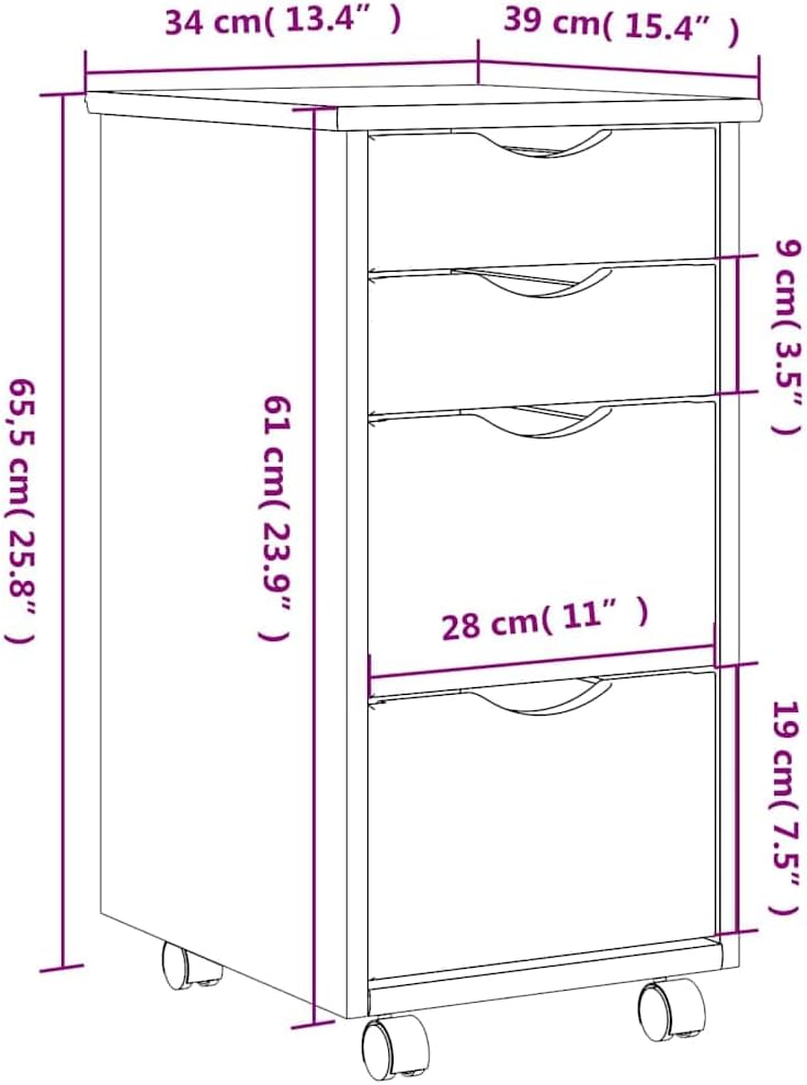 vidaXL Rollschrank, Rollcontainer mit 4 Schubladen, Kommode Schubladenschrank mit Rollen, Büroschran