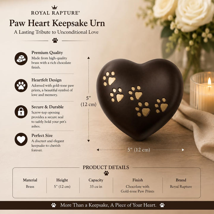 Urn for Ashes Paw Heart Funeral Cremation Memorial Keepsake Pet Dog Cat |Without Stand (Chocolate 5"