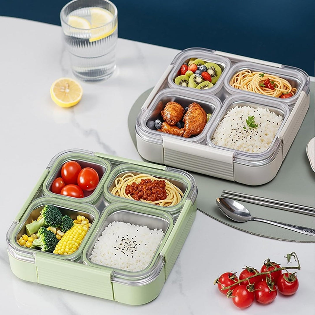 Snackbox mit Fächern Edelstahl,1080ML Snackdose mit 4 Fächern, Meal Prep Behälter Kinder, Wiederverw