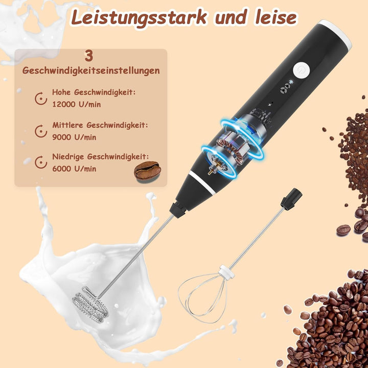 FITNATE USB Milk Coffee frother, elektrischer Milchaufschäumer Stab mit 3 Stufen, 2 Edelstahl Schnee