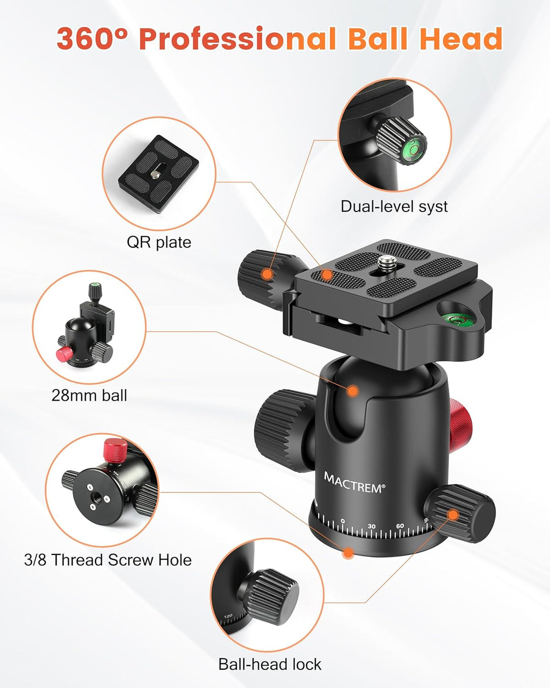 MACTREM 80“ Kamera-Stativ, DSLR-Stativ Heavy Duty für Reisen, 360 ° Kugelkopf Professionelles Alumin