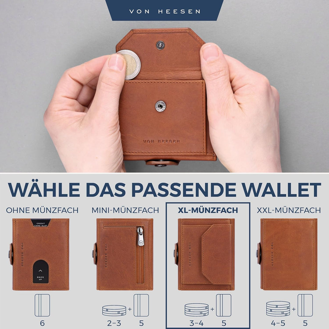 VON HEESEN Slim Wallet mit XL Münzfach & RFID Schutz - Leder Geldbörse Herren klein - Mini Geldbeute