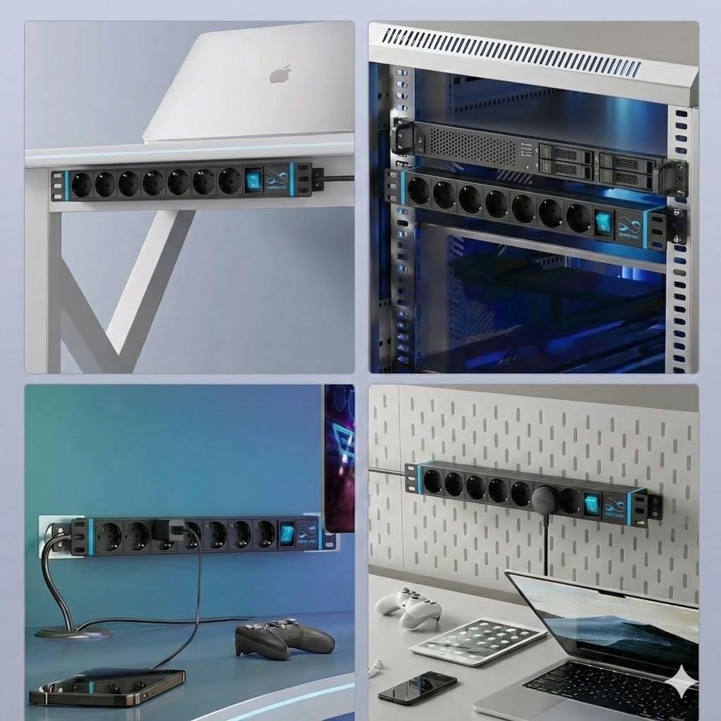 Infitronic - INSV1002-19 Zoll Steckdosenleiste Stromverteiler Rackleuchte 8 Fach 1 HE mit 2 x USB Ch