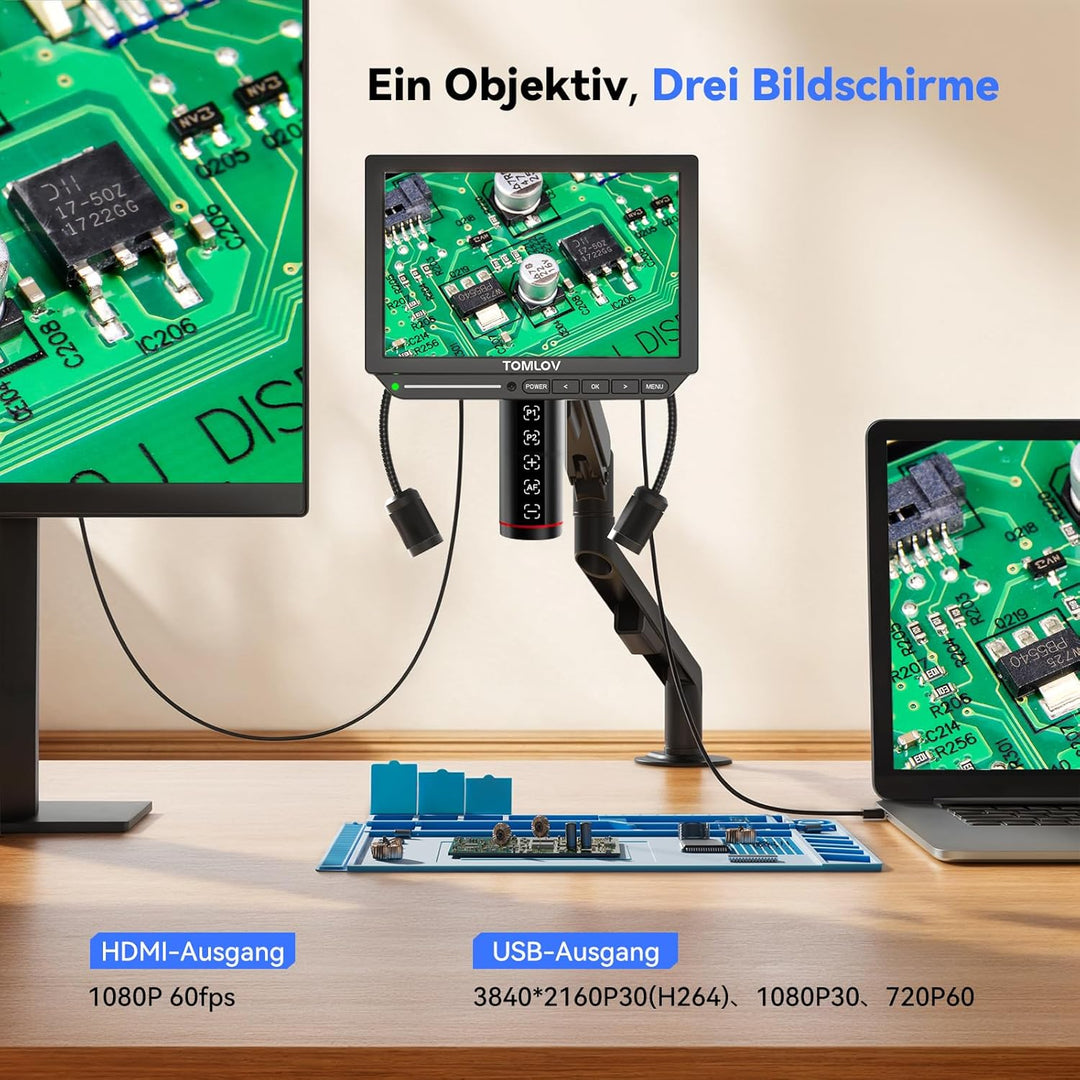 TOMLOV TM4K-AF Flex 4K Autofokus Digitales Mikroskop 2000X, 8" HDMI IPS Mikroskop Vergrösserung, 52M