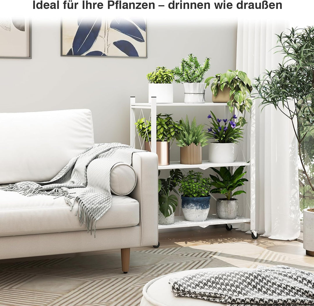 ALANNG Blumenständer mit Rädern, 3 Ablagen Stabiler Pflanzenständer, Metall Pflanzenregal Indoor Ein