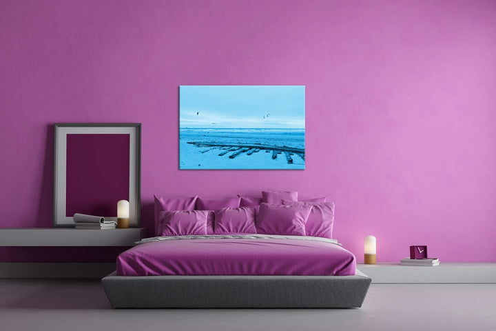deyoli Sandstrand mit Möwen Format 80x60 Effekt: Monocrome Blau als Leinwandbild, Motiv fertig gerah