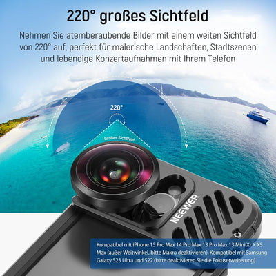 NEEWER 8mm HD Fisheye Telefonobjektiv 220° Weitwinkel für 17mm Objektiv Rückwandplatine mit Gewinde,