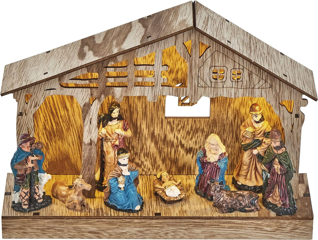 EMOS Weihnachtskrippe mit handbemalten Figuren, Weihnachtsdekoration mit 5 LEDs, warmweisses Licht,