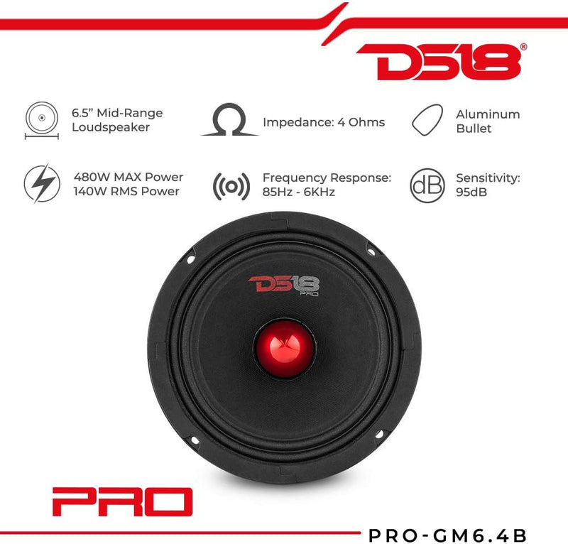 DS18 PRO-GM6.4B – 6,5" midrange, rote Aluminiumkugel, max 480 W, 4 Ohm, 1,5 Zoll Kapton VC Premium-A