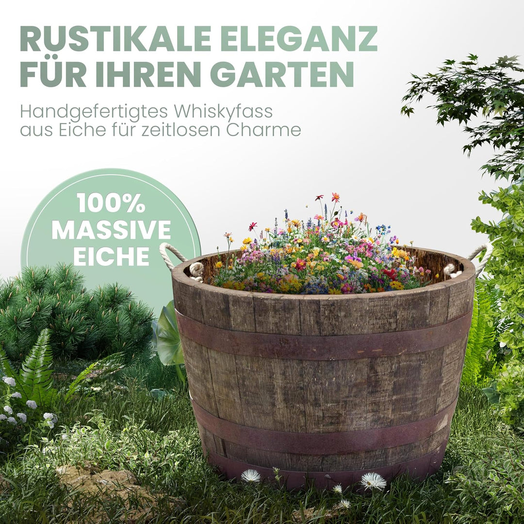 Temesso Halbes Fass aus einem originalen schottischen Whiskyfass (Natur - mit Schlaufen + Rollen + A
