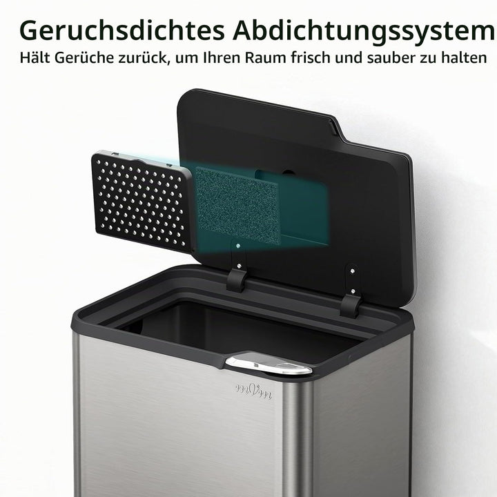mVm Küchen &amp; Büromülleimer 80L, Edelstahl, Rechteckig, Mit Deckel &amp; Geruchsfilter, Sanftschliessend