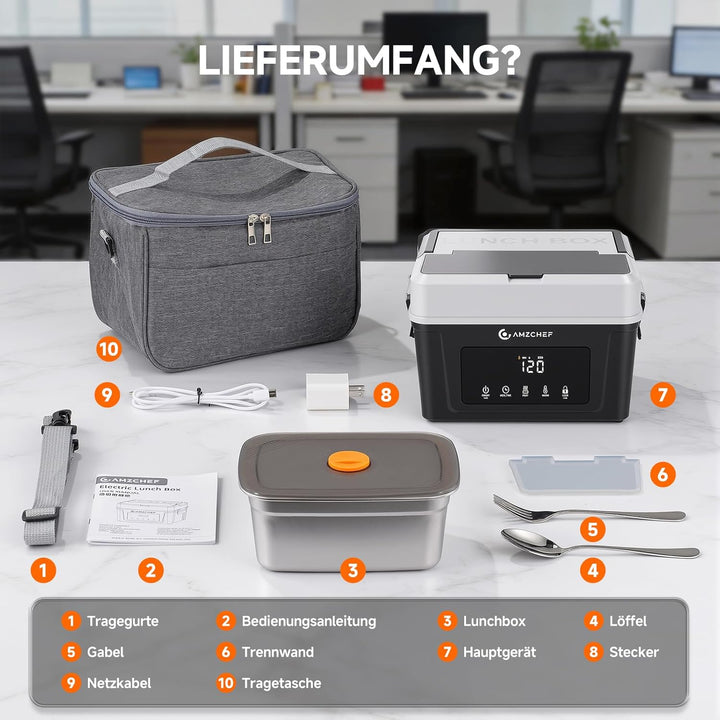 AMZCHEF Elektrische Lunchbox mit 18000 mAh Akku - Tragbare 1.5L Beheizbare Lunchbox mit 5-seitiger E