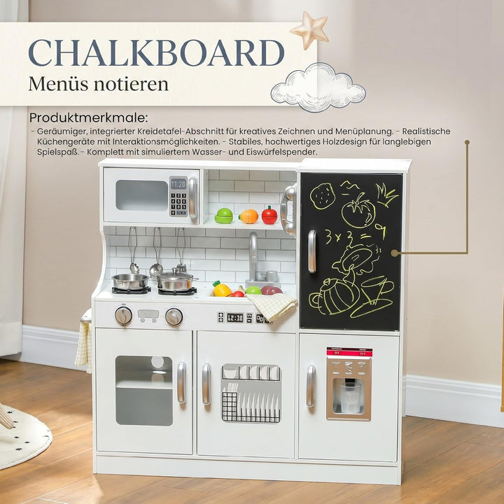 AIYAPLAY Kinderküche Spielküche mit Spielzeug Telefon, Kreidetafel, Mikrowelle, Herd, Spüle, Puppenk