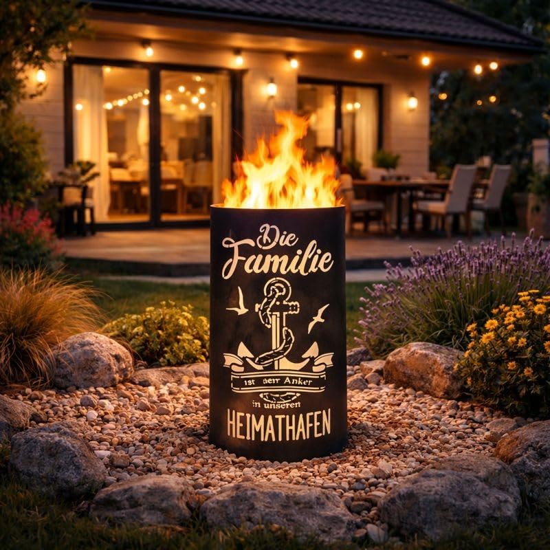 TiKo-Design® Feuertonne aus Stahl Feuerkorb Garten Motiv Die Familie Heimathafen Feuerstelle Outdoor