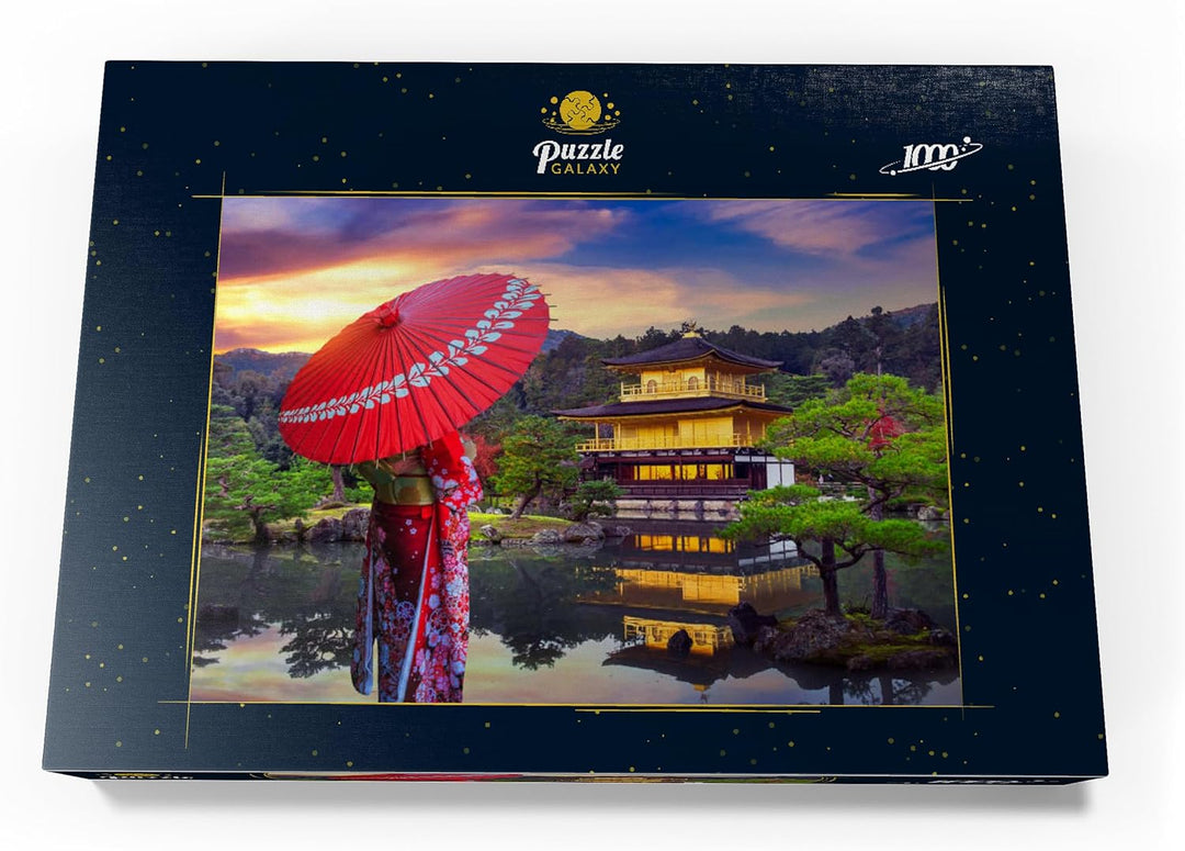 Frau in traditionellem japanischen Kimono, Kinkakuji-Tempel Kyoto, Japan - Premium 1000 Teile Puzzle