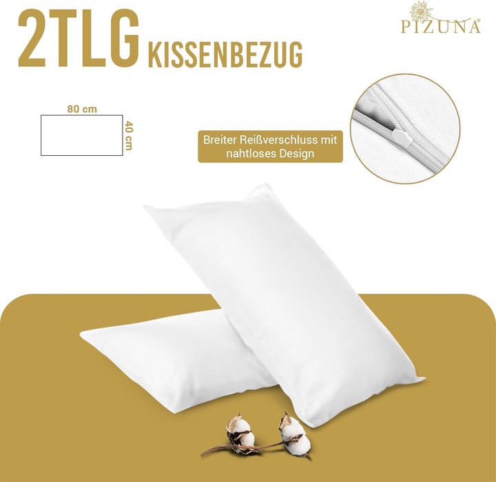 Pizuna Luxuriöser Soft-Satin 2er Pack Kissenbezug 40 x 80 cm Weiss, 800 Fadenzahl Baumwolle Quadrati