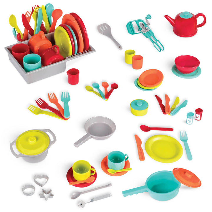 Battat Deluxe Küchenset, Kinderküche Zubehör Geschirr Set und Topfset Teller, Tassen, Besteck – Kind
