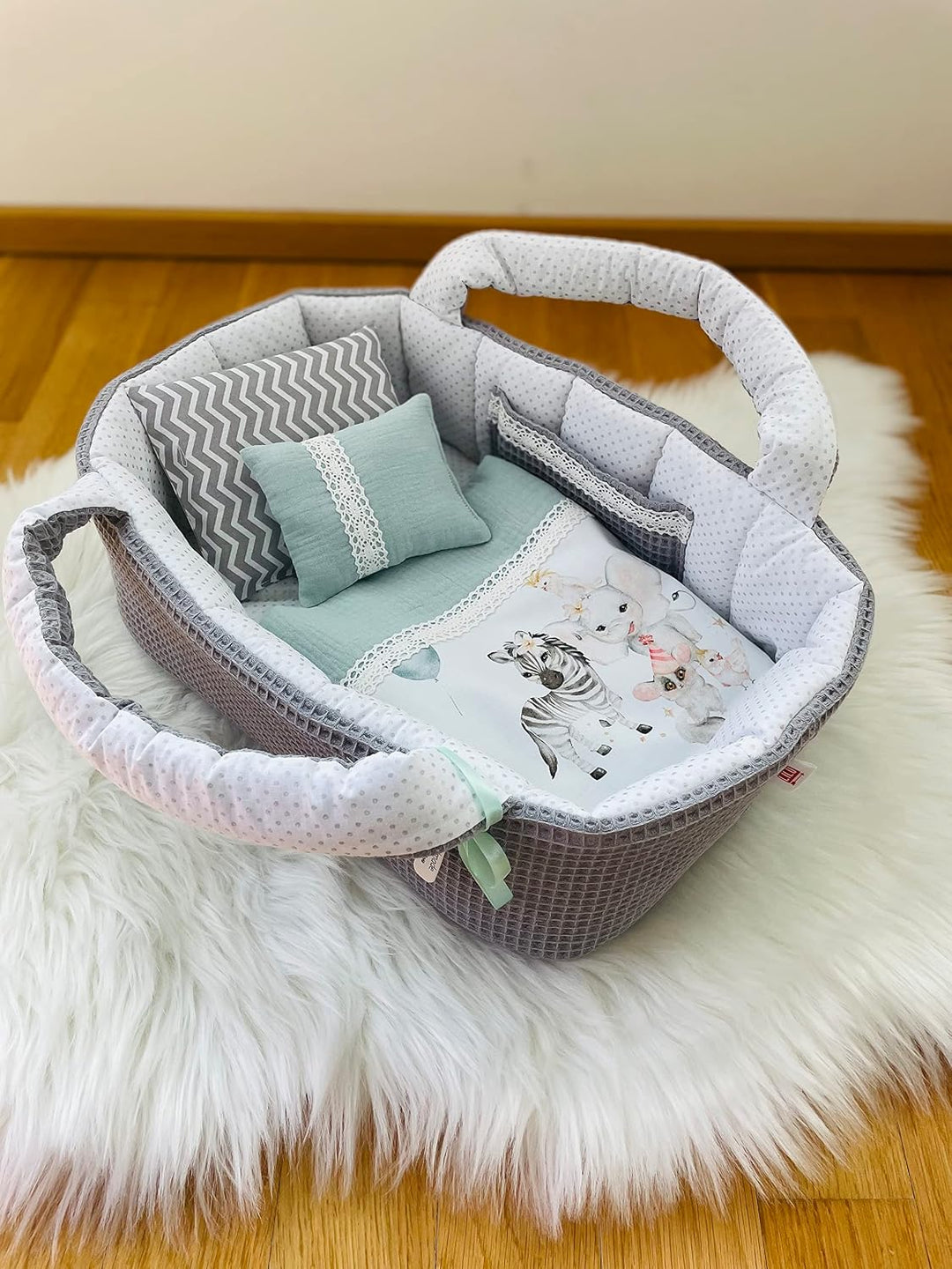 Puppentragetasche für Puppen 30-35 cm,Grau, Geschenk, Tieren, Baumwolle, Waschbar