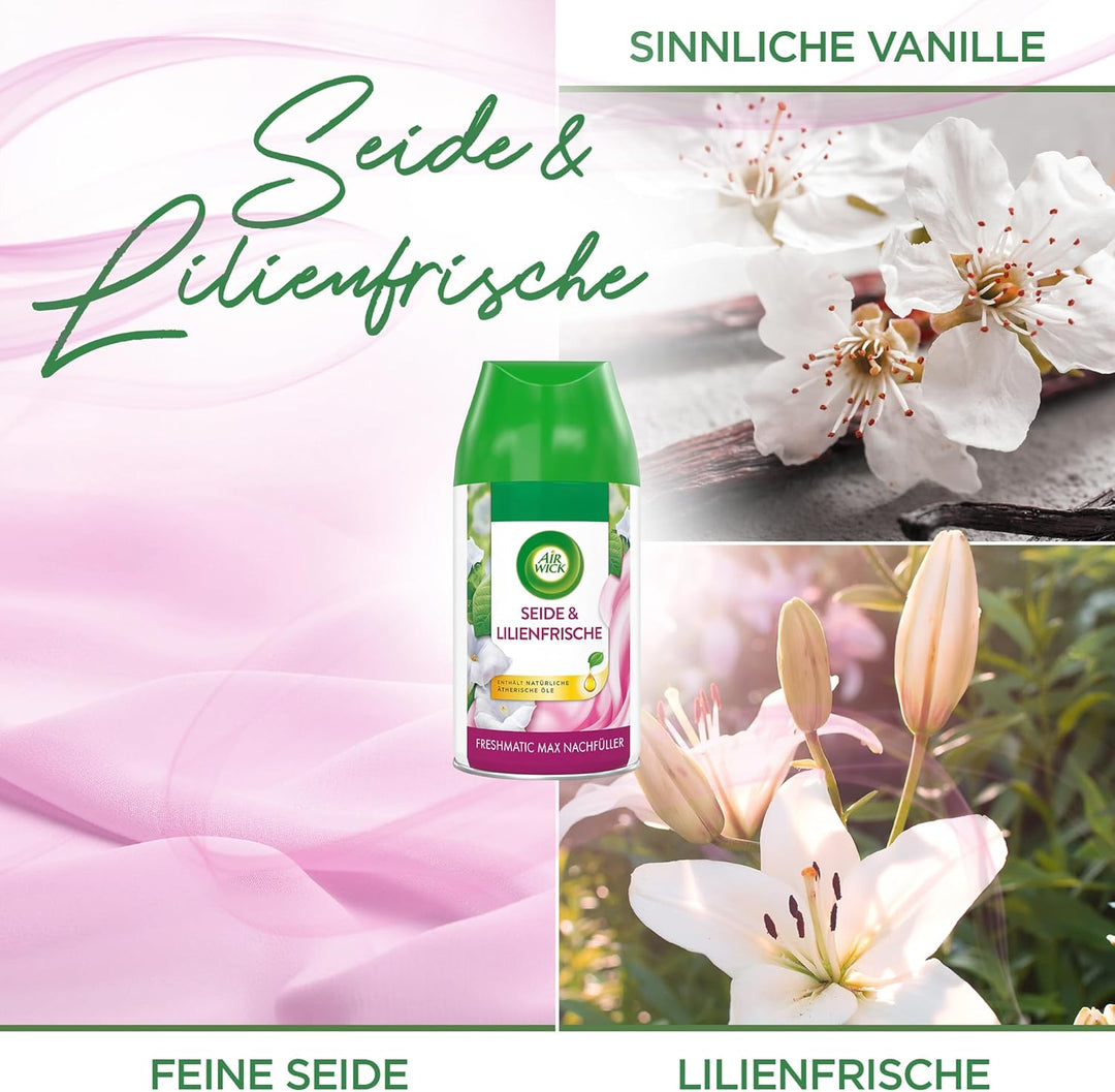 Air Wick Freshmatic Max Raumspray – Nachfüller für den Air Wick Freshmatic Max – Duft: Seide und Lil