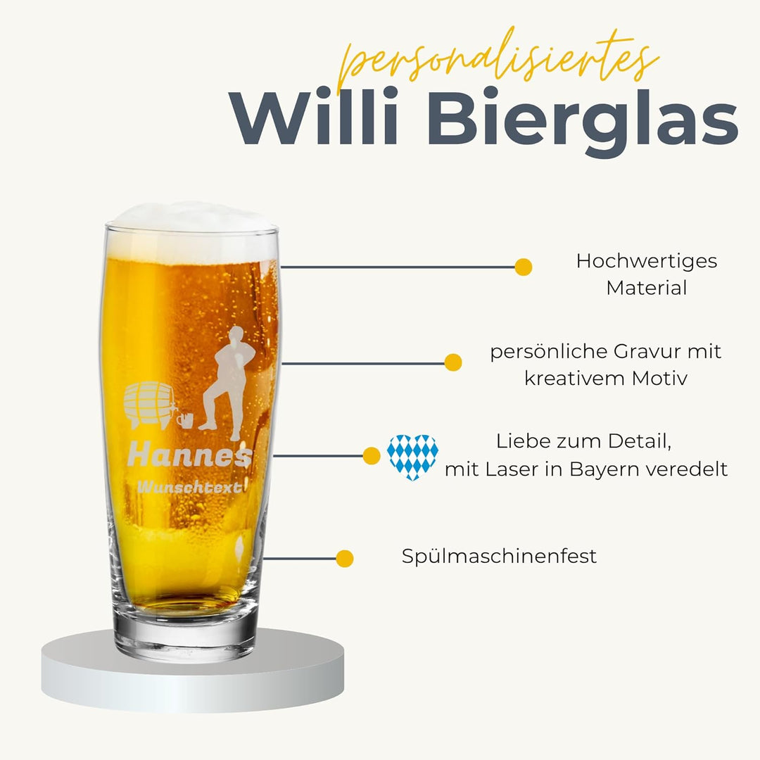 LUXENTU Bierglas mit Gravur, Willi Becher mit 0,5 Liter Eichung, Persönliche Lasergravur mit Name &