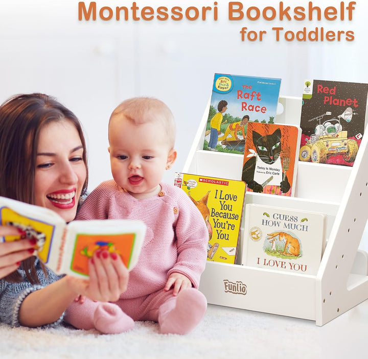 FUNLIO Montessori Bücherregal für Kleinkinder 1-5 Jahre, Nach Vor gerichtetes Bücherregal mit Griff