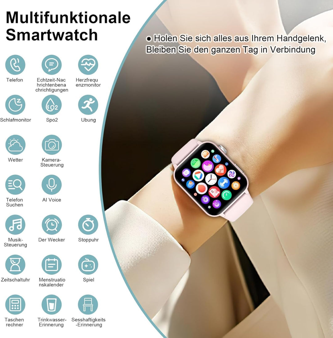 IOWODO Smartwatch Damen Herren 1,91 Zoll Uhren Fitnessuhr Sportuhr mit Schrittzähler Herzfrequenzmon