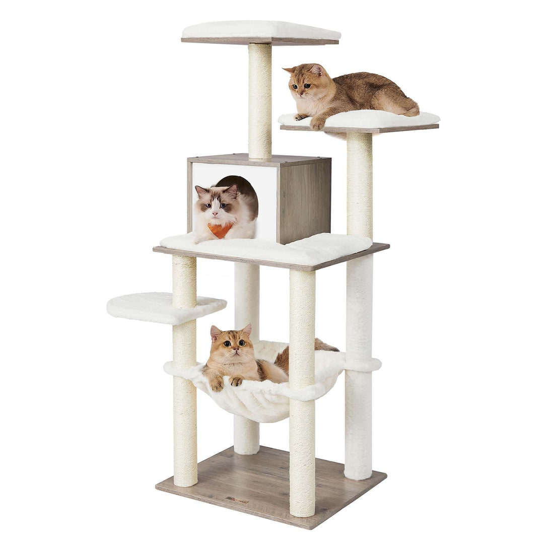 Feandrea Kratzbaum, 138 cm Katzenbaum, modern, mehrstöckiger Katzenkratzbaum, Kuschelhöhle, Sisalstä