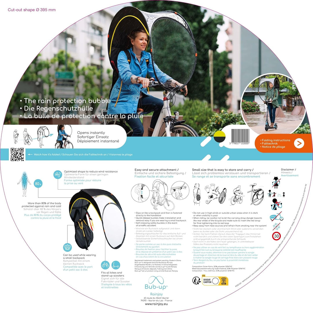 Bub-up Regenschutz für Fahrrad, ersetzt Regenbekleidung (wasserdicht, jacke, regencape, regenponcho,