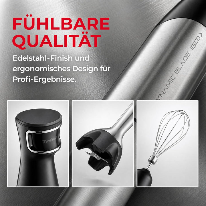 Trisa 4-in-1 Stabmixer Set Dynamic Blade 1500W – Leistungsstarker Pürierstab mit drucksensitiver Mes