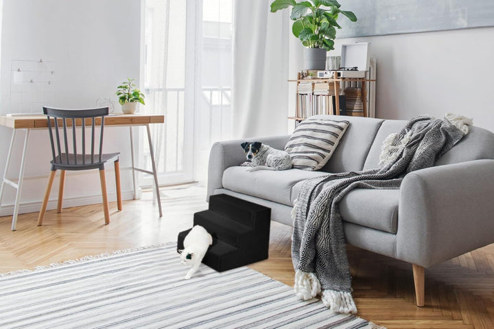 Mg Design Hundetreppe 3 Stufen in Schwarz – Stabiler Holzrahmen, gelenkschonend, leicht &amp; mobil, für