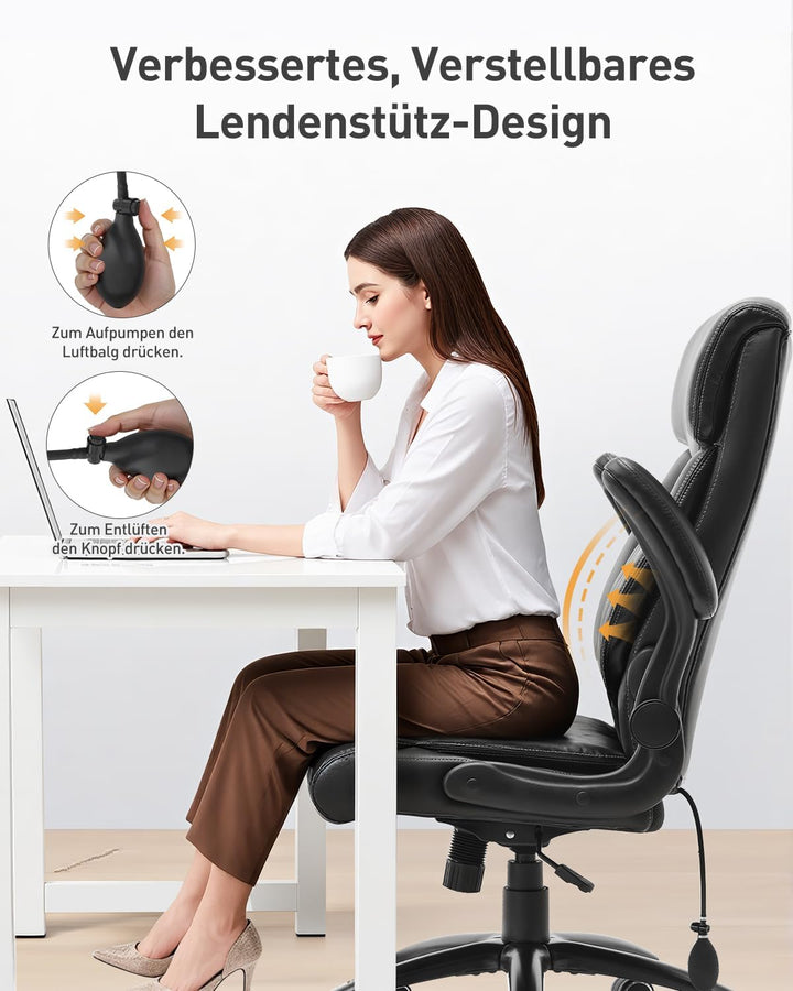 COLAMY Ergonomischer Chefsessel mit Lordosenstütze, gepolsterten Hochklapparmen und Kippverstellung