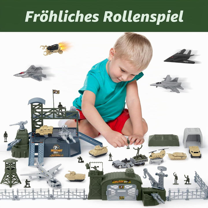 Militär Panzer LKW Spielzeug mit 13 Fahrzeugen, Hubschrauber Kampfjet Spielmatte Soldaten Figuren, G