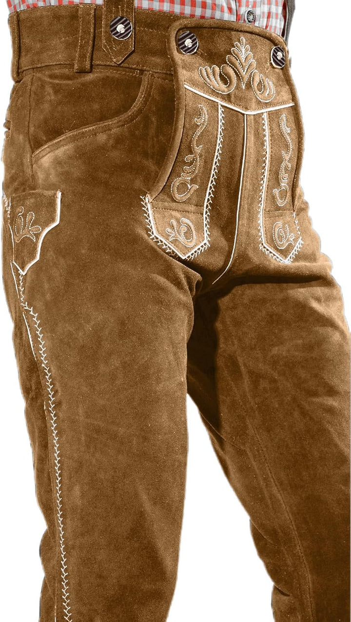 Bayerische Premium Herren Trachten Lederhose, Trachtenlederhose mit Trägern, original in Dunkelbraun