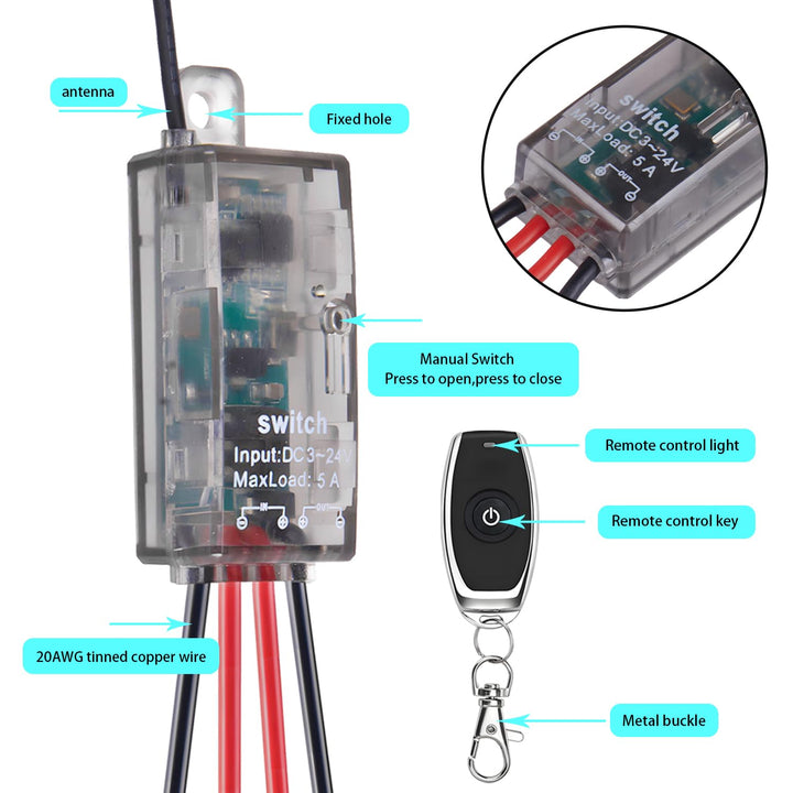 12v funkschalter,4 Wege kabelloser Lichtschalter DC 5V/12V/24V/5A Mini Relais 1 Kanal Wireless Licht