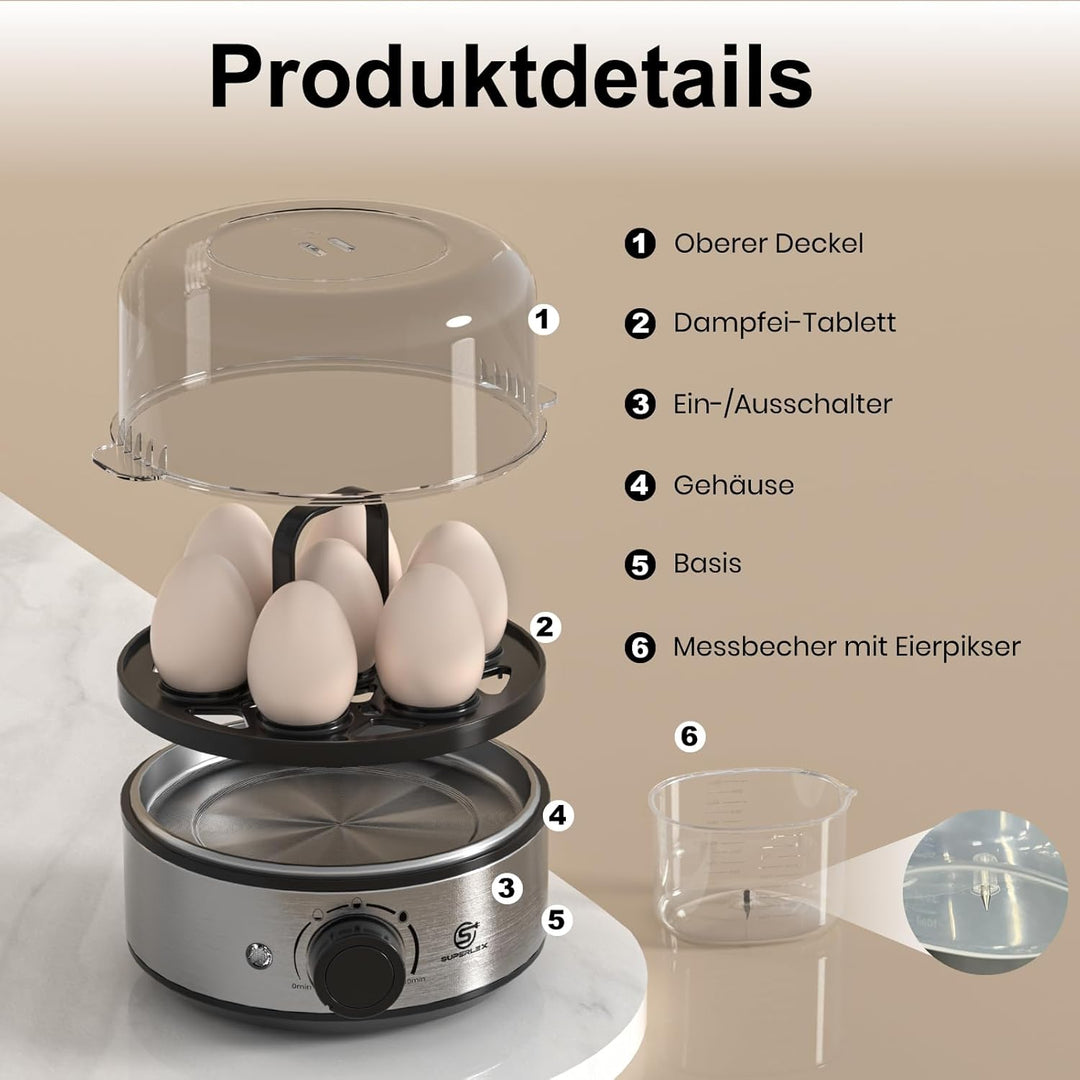 Eierkocher 7 Eier Elektrischer 400W Edelstahl Automatischer Eier Kocher Egg Cooker Kleiner Eierkoche